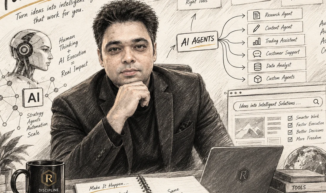 Sketch illustration of Raheel developing AI agents and connected workflows.