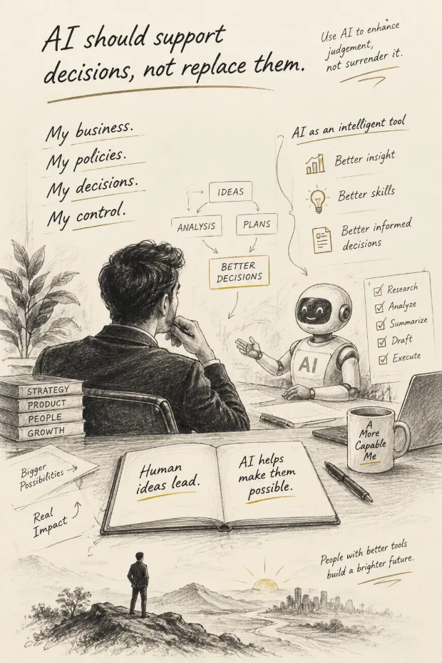A person working with an AI assistant: AI supports decisions while human ideas and judgement lead.