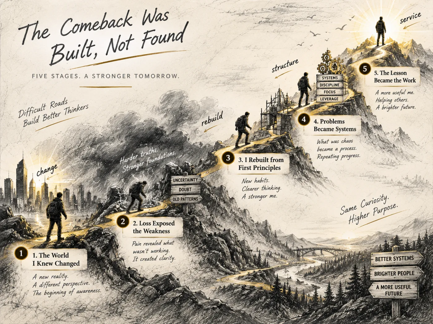 Five-stage illustration of Raheel Rathore’s comeback, from disruption to rebuilding; the stages are described below.