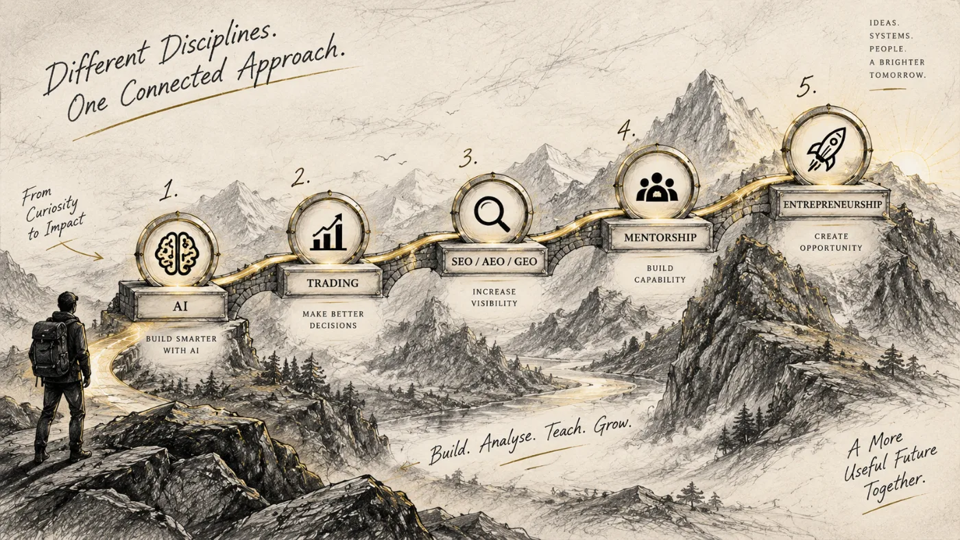 Pencil sketch of five connected arches, each carrying one pillar in order: AI, trading, SEO/AEO/GEO, mentorship and entrepreneurship.