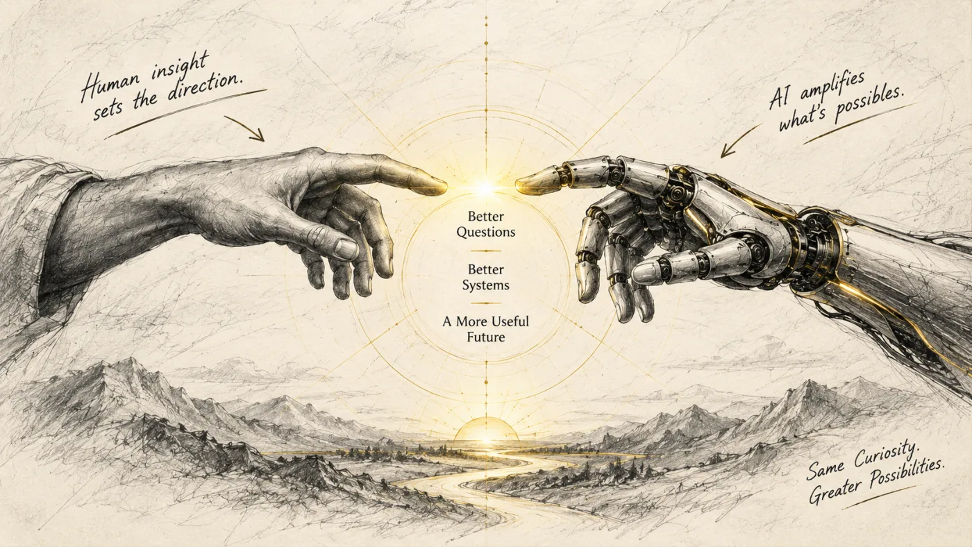 Human and robotic hands reaching towards each other, illustrating human-led collaboration with AI.