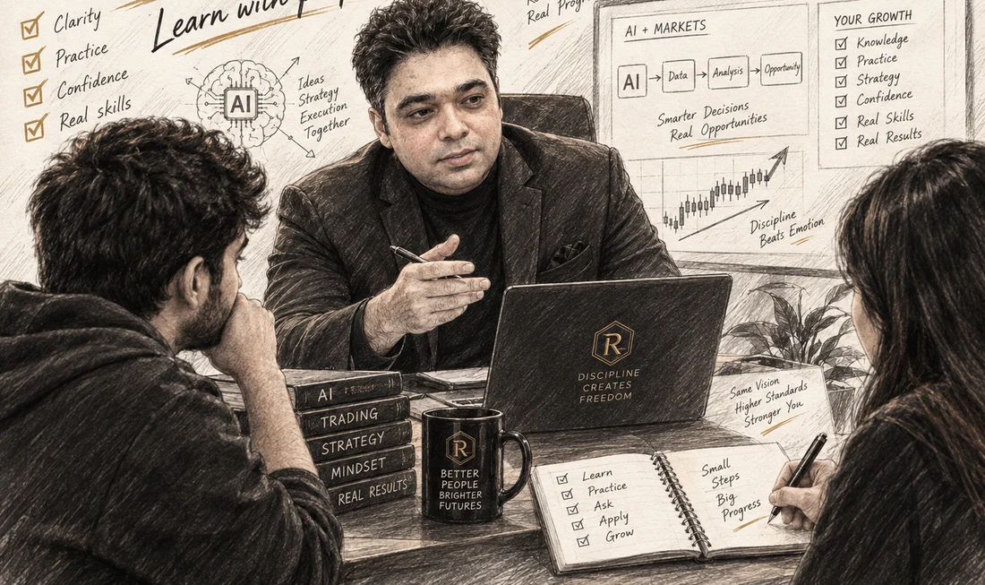 Illustrative mentorship scene with Raheel and learners, not a client testimonial.