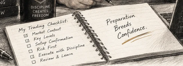 Trading notebook checklist: market context, key levels, setup confirmation, risk, disciplined execution and review.