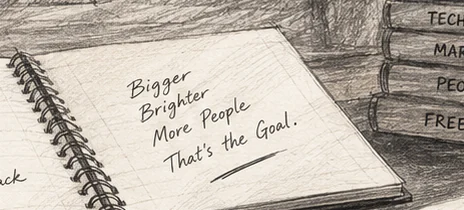 Pencil sketch of an open notebook on a desk beside a stack of books, the page reading: Bigger, Brighter, More People. That's the Goal.