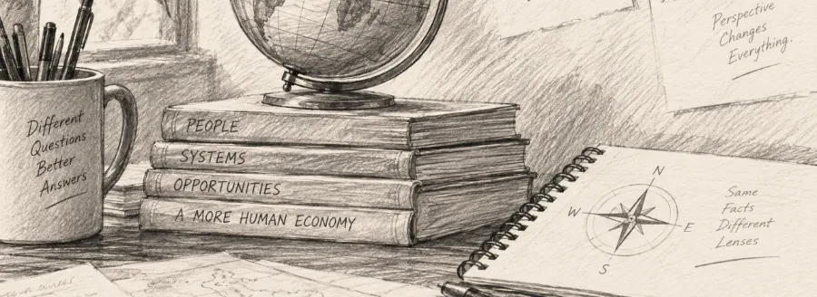 Desk with a globe, books and compass notebook, illustrating original thinking about people, systems and opportunities.