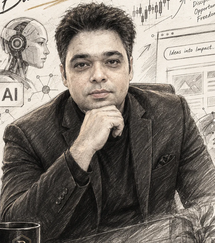 Pencil portrait of Raheel Rathore with AI and trading sketches.