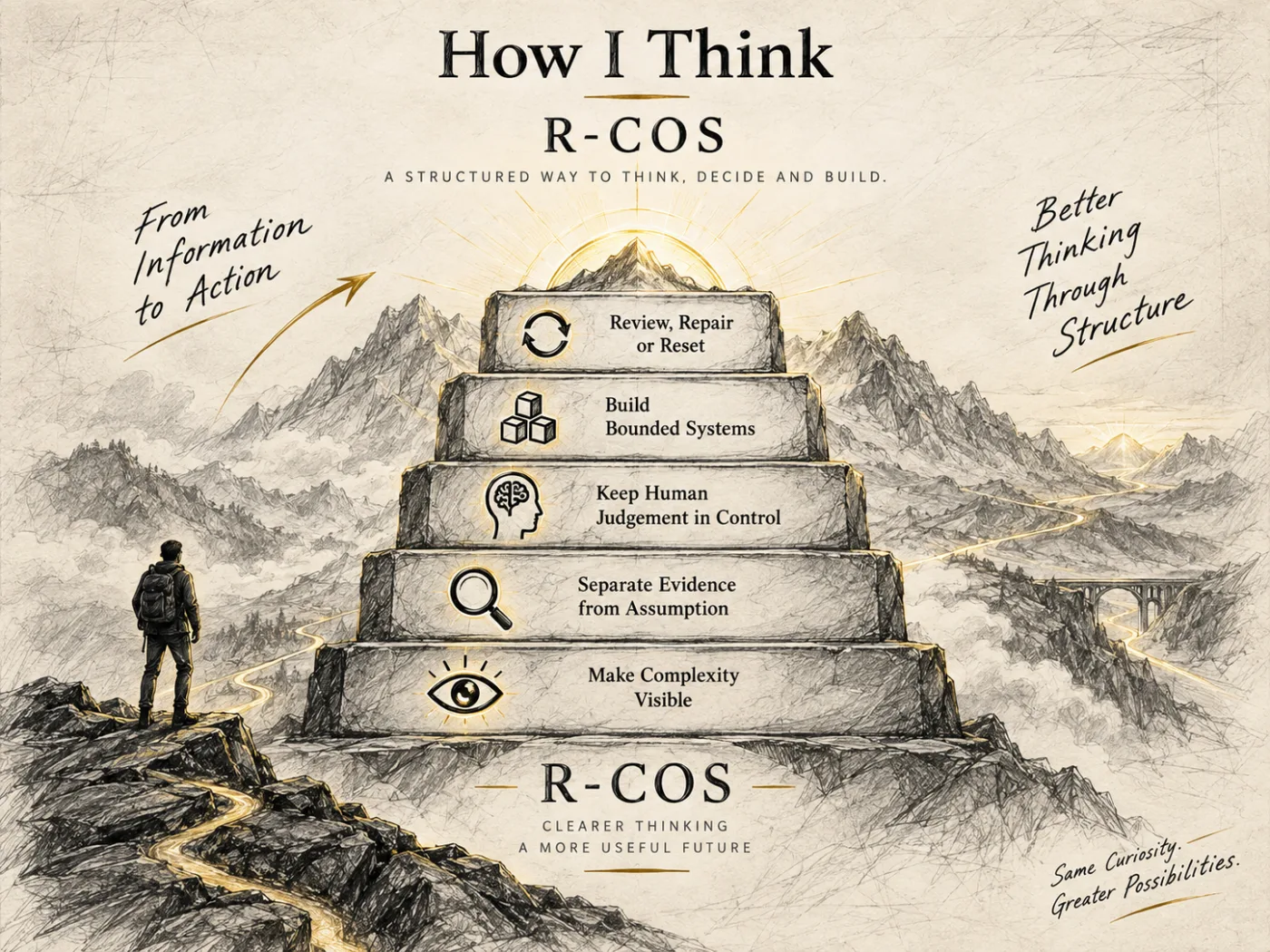 Pencil sketch of a five-step stone staircase rising towards a lit summit, each step carrying one R-COS principle.