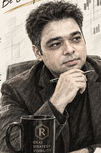 Pencil illustration of Raheel thinking about search and content strategy.