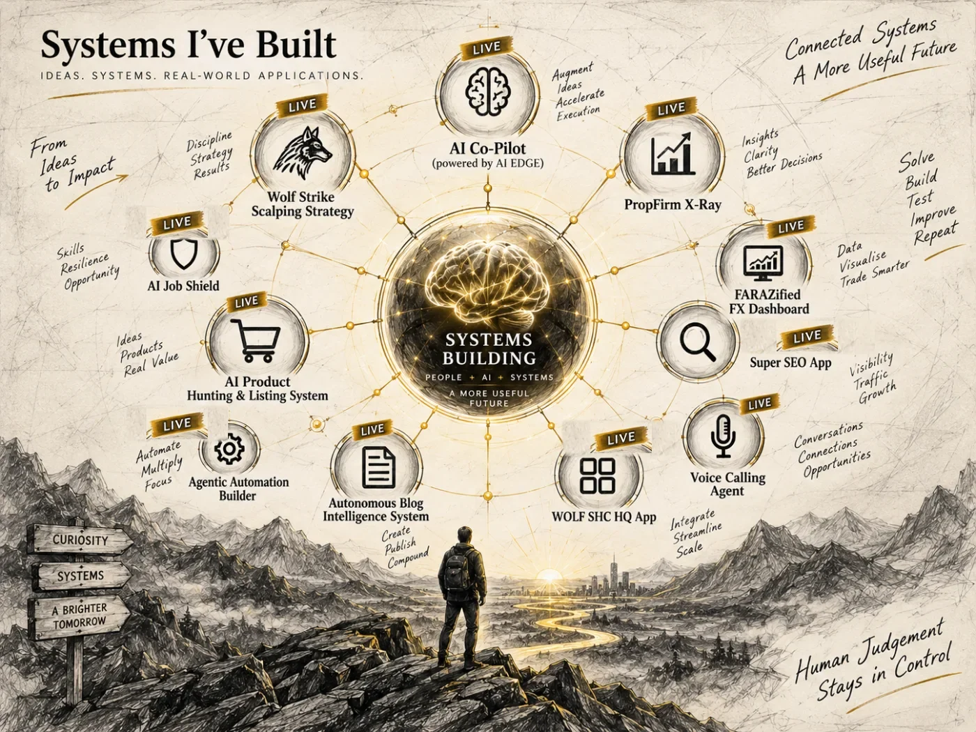 Raheel Rathore’s connected AI, trading and business systems, marked LIVE; each system is described below.