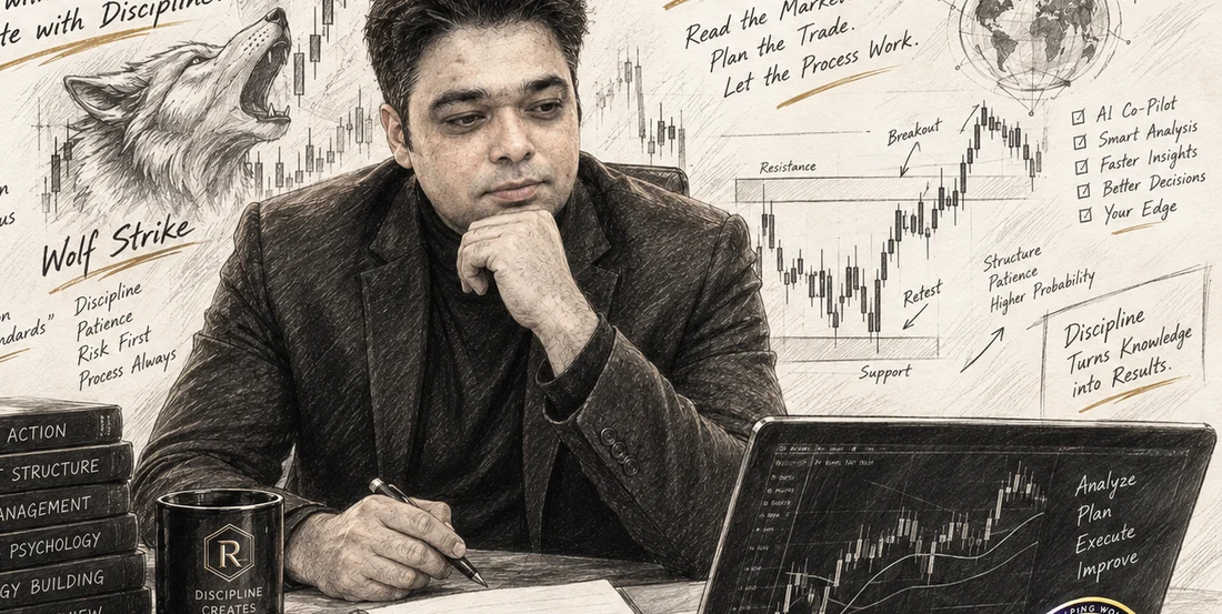 Concept illustration of Raheel reviewing a trading chart, not a record of trading results.